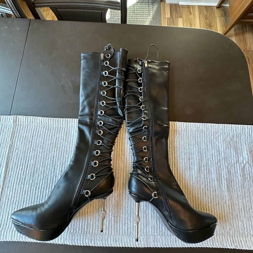 Dolls Kill Black Lace-Up High Heel Knee Boots - Women's Fashion Boots